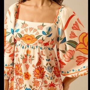 SHEIN Cream Floral Puff-Sleeve Midi Dress Womens XL